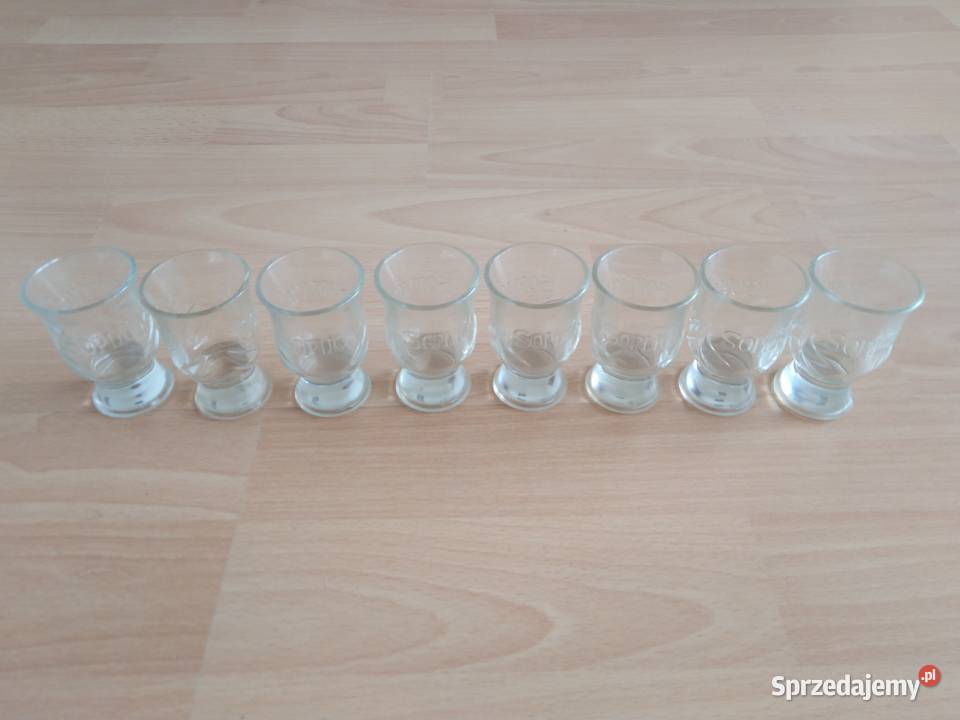 Kieliszki Soplica 8 grube szkło tłoczone logo Lębork