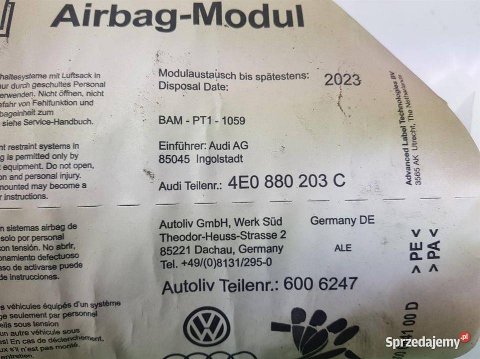 PODUSZKA AIRBAG A8 D3 4E0880203C Pozostałe Lipno