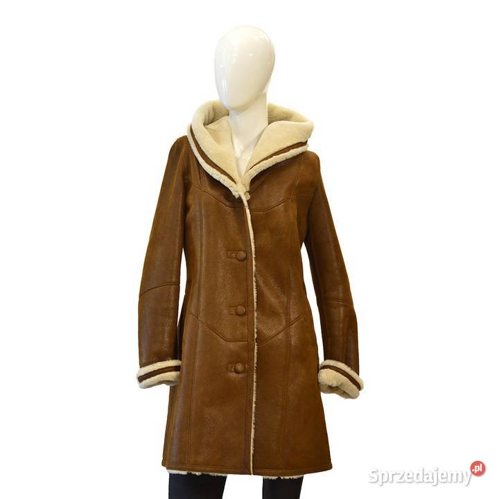 Kożuch Damski Długi z Kapturem ze Skór Skóra naturalna  Włoszczowa