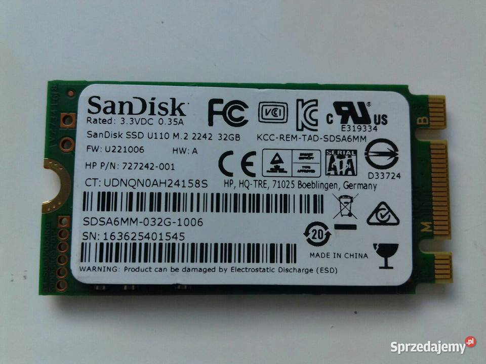 Dysk SSD 32GB M2 SATA SanDisk U110 2242 33V 035A Pojemność < 80 Bydgoszcz