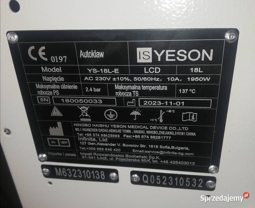 Autoklaw Yeson YS18LE LCD Kosmetyka i fryzjerstwo wielkopolskie Poznań