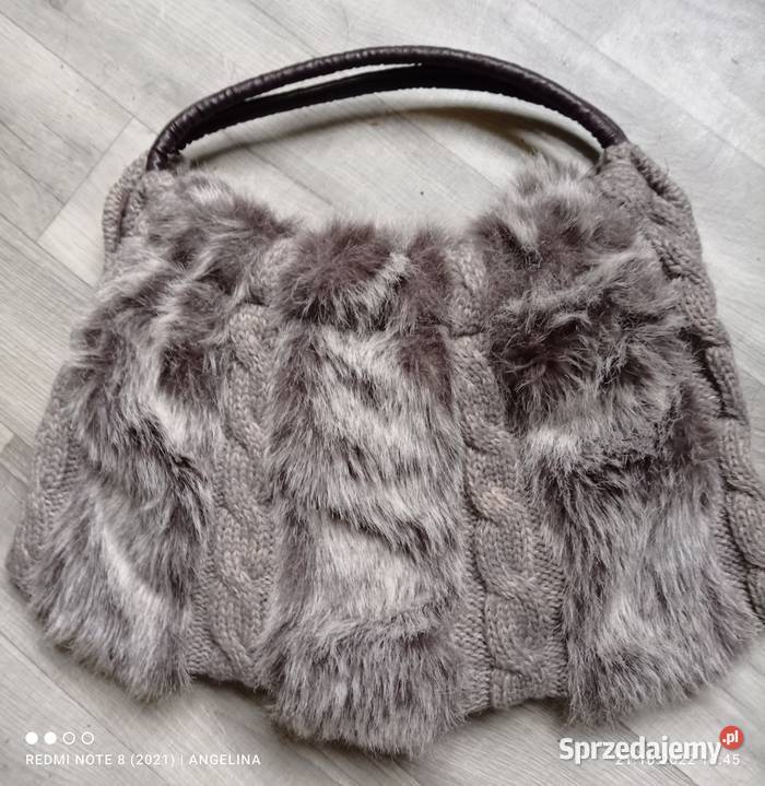 Torebka szare futerko i sztuczna brązowa skóra