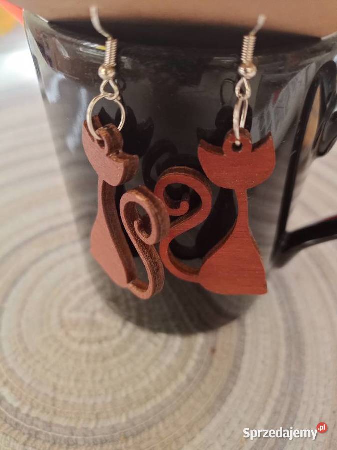 Kolczyki drewniane koty handmade