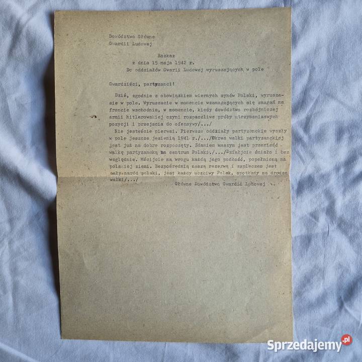 Dokument LWP 1942r GL Gwardia Ludowa Dowództwo Militaria Brzesko