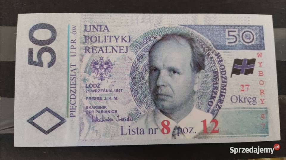 Banknot Unia Polityki Realnej 1997 Wybory Numizmatyka zachodniopomorskie Szczecin