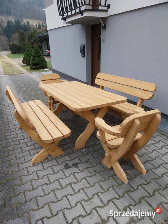 komplet ogrodowy drewniany meble stół ławki fotele