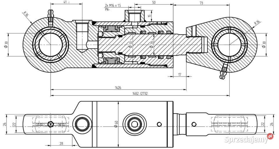 Siłownik Hydrauliczny 50x28 Skok 1250 Mocowania