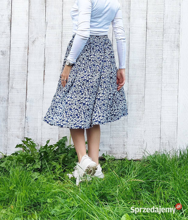 Spódnica midi łączka kwiatki kwiaty białe granat biały Szczecin sprzedam