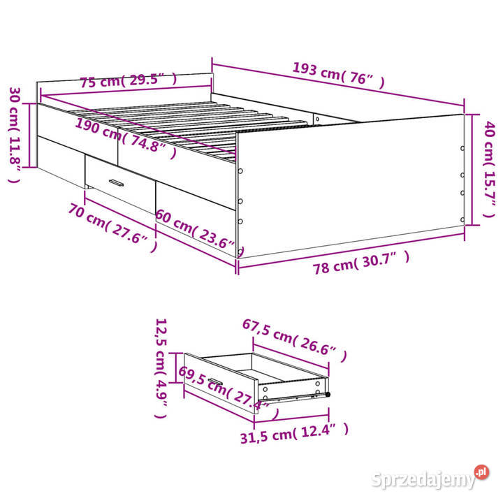 Rama łóżka z szufladami biała 75x190 WM3280349