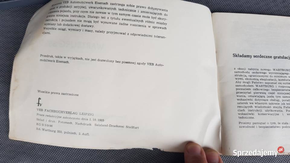 Instrukcja obslugi Wartburg 353 Opoczno sprzedam