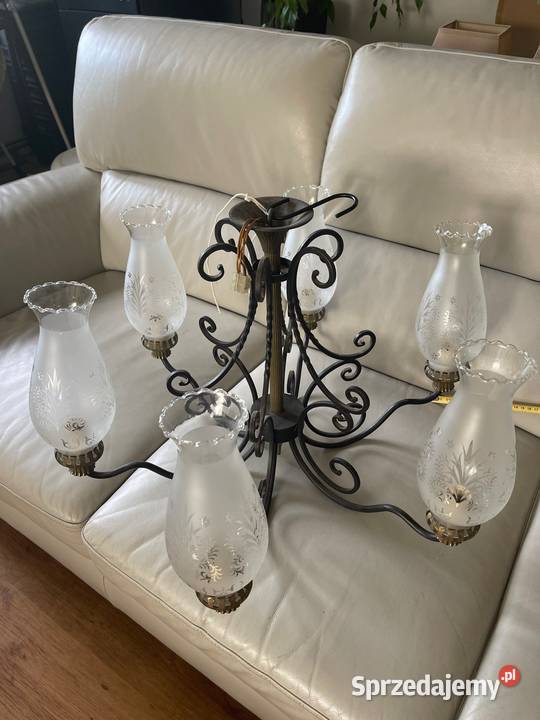 Antyk żyrandol lampa mosiądz szkło grawerowane