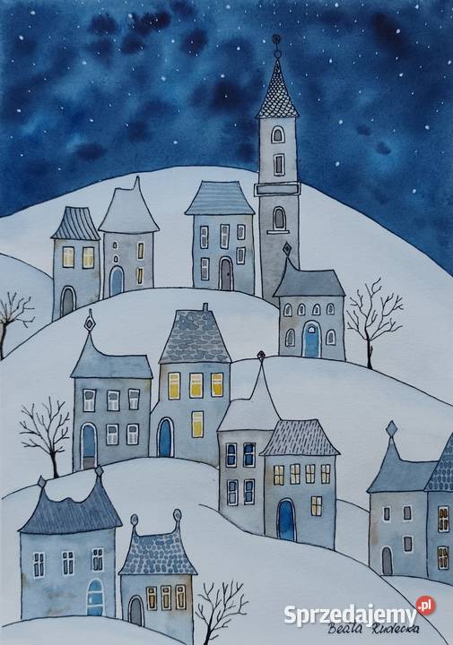 Akwarela Akwarelka Obraz pt Bajkowa Kraina Nocą mazowieckie Warszawa