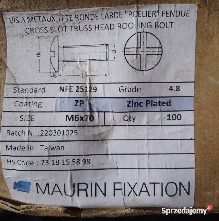 Śruby zamkowe M 6x70 ocynkowane KARTONIK Ostrów Wielkopolski
