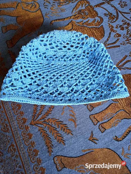 BŁĘKITNA BAWEŁNIANA AŻUROWA CZAPECZKA Nakrycia głowy