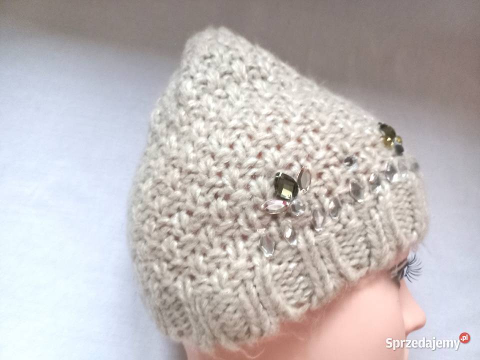 Czapka beżowa Damska r LXL melanż Kryształki Dla kobiet Nakrycia głowy Białystok sprzedam