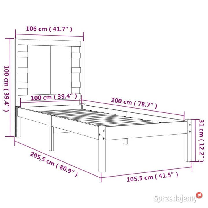 Rama łóżka czarna lite drewno sosnowe 100 x 200 Łóżka