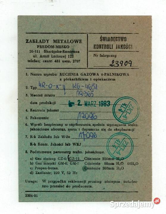Świadectwo Kontroli Jakości Kuchnia PREDOM MESKO Rzeszów