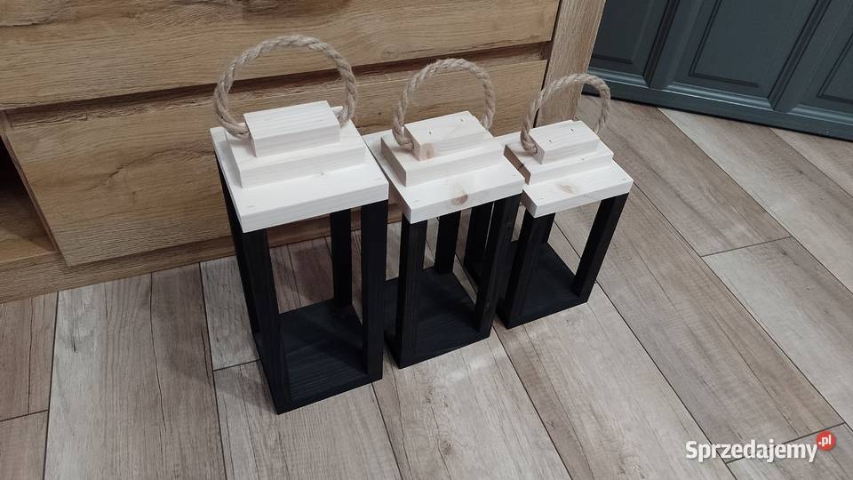Lampiony z drewna loft komplet 3 piękny zestaw Lampiony i latarnie