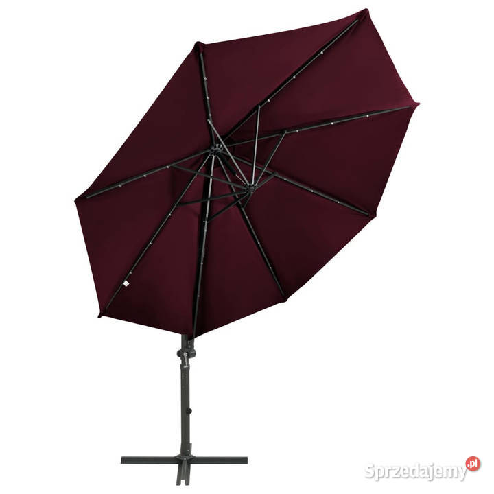 Parasol wiszący z LED i słupkiem bordowy 300