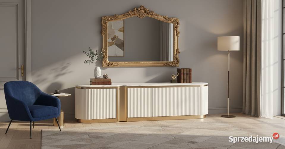 Ryflowana szafka RTV złota biała z blatem Golkowice