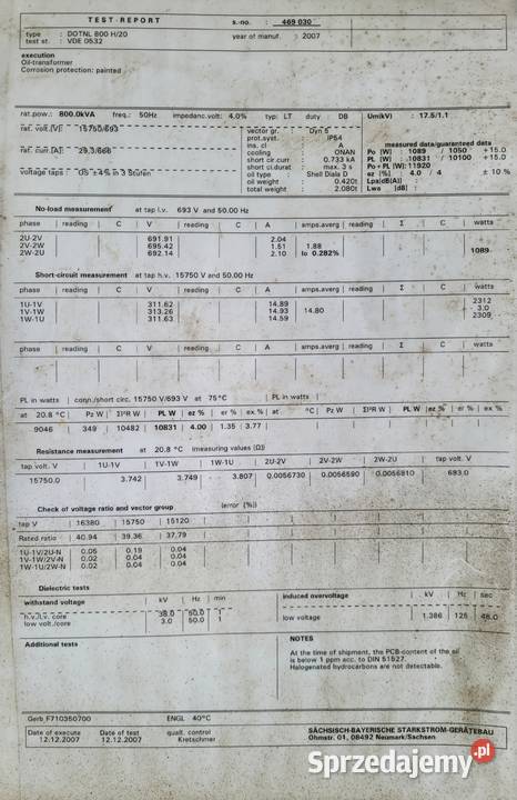 Transformator olejowy SGB 800 kVA 1575 kV 0693 Władysławowo