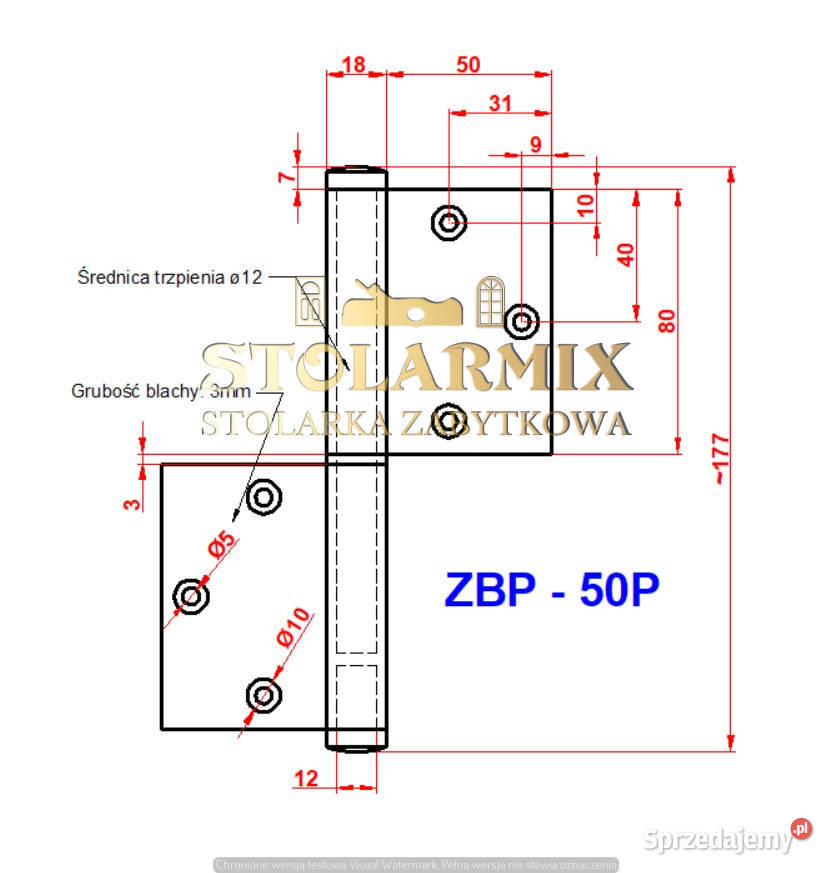 Zawias do starych drzwi bezprzylgowych ZBP 50P Paterek