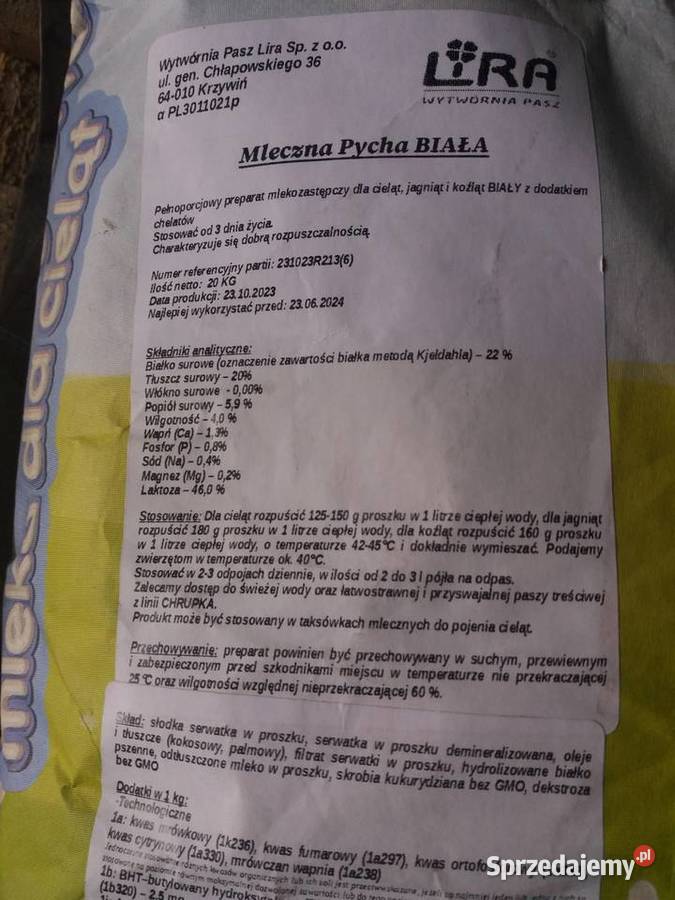 Mleko zastępcze cieląt 20 MLECZNA PYCHA BIAŁA