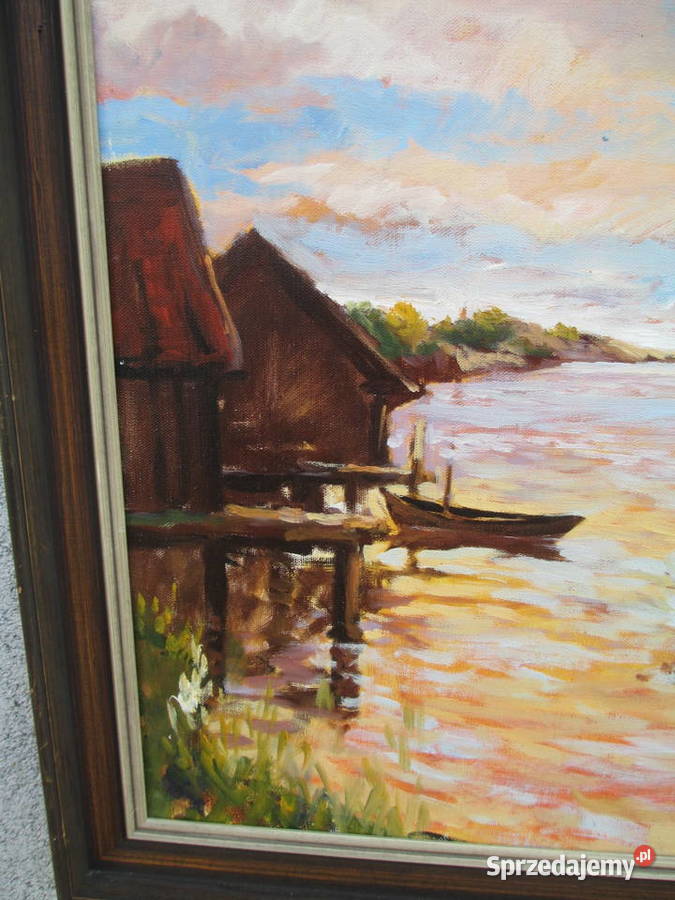Obraz olejny Przystań Szwecja lata 70