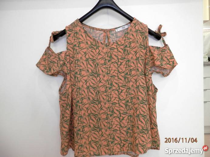 Bluzka Mango Odkryte Ramiona Pudrowa z Nadrukiem Łomża