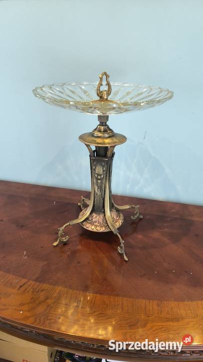 Piękna mosiężna patera z kryształowym szkłem Łódź sprzedam