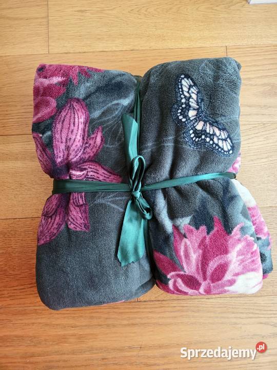 Zielony miękki kocyk w kwiaty motyle Liszki sprzedam