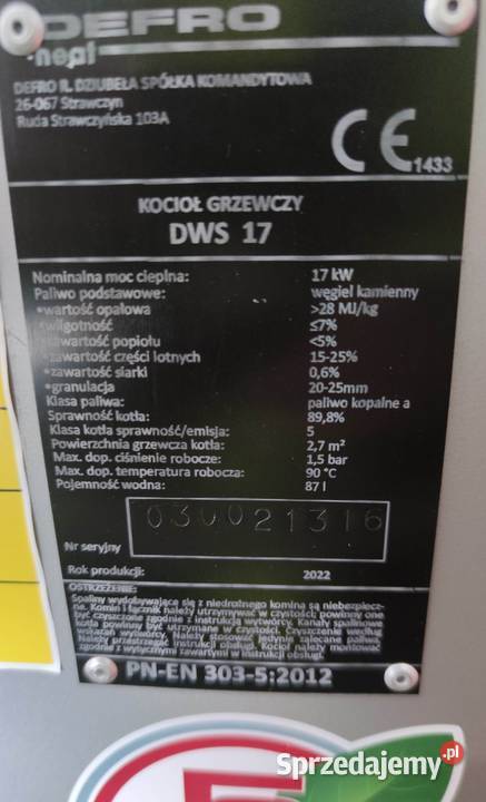 Kocioł defro dws 17 kw 5 klasa nowy Tuchów