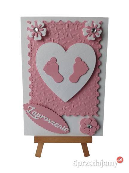 ZAPROSZENIA CHRZEST STOPKI W SERCU C6 RÓŻ Rękodzieło Poznań