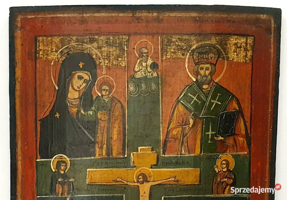 Ikona czteropolowa Chrystus Ukrzyżowany XIXw Warszawa