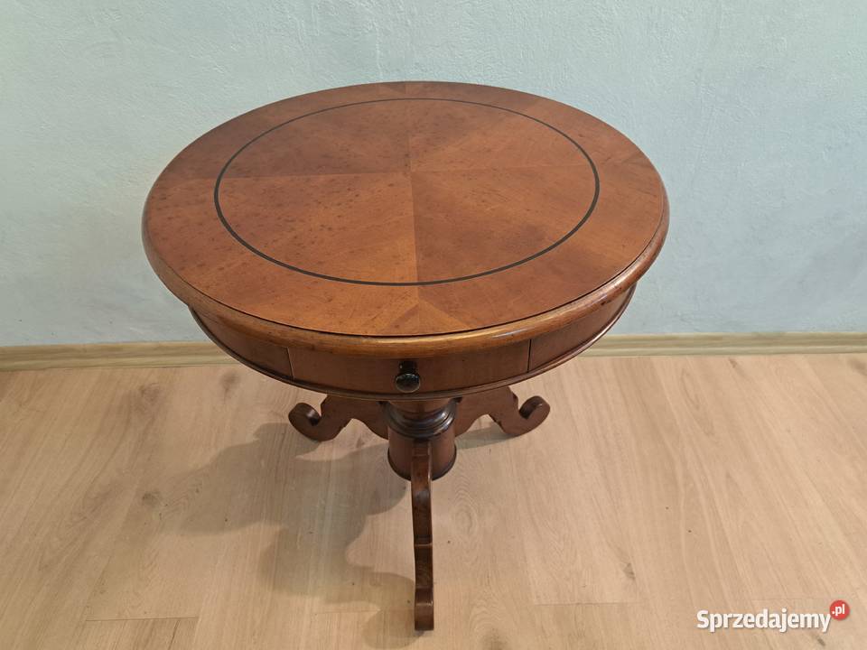 Stolik okrągły drewniany z szufladką trójnóg 70cm Olkusz sprzedam