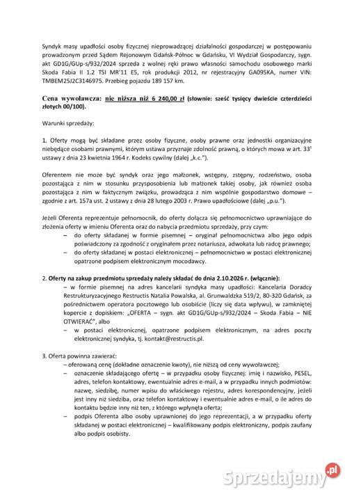 Skoda Fabia II Syndyk sprzeda Gdańsk
