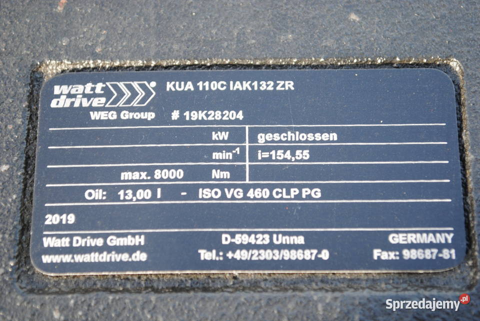 Motoreduktor kątowy 92kw 94obrmin FIRMY WATT sprzedam