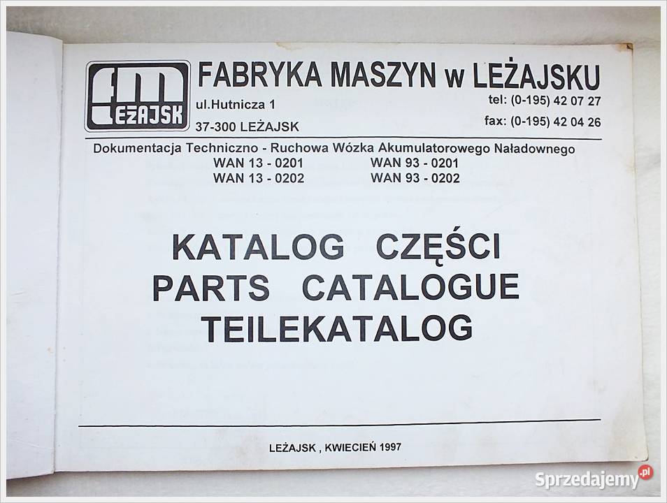 Katalog części wózek widłowy akumulatorowy WAN Do wózków widłowych Żary sprzedam