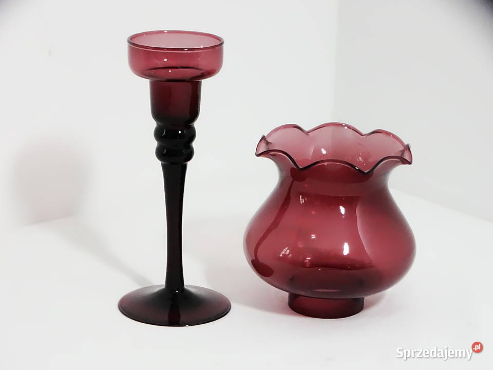 Szklany świecznik hurricane rubinowy vintage Biłgoraj