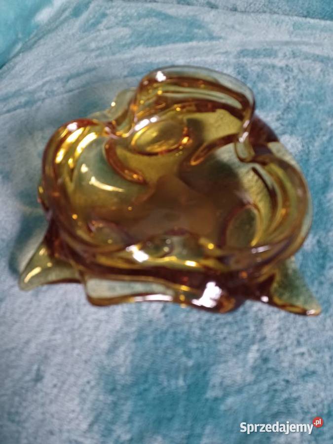 Stara szklana duża i ciężka popielniczka miodowa Łódź