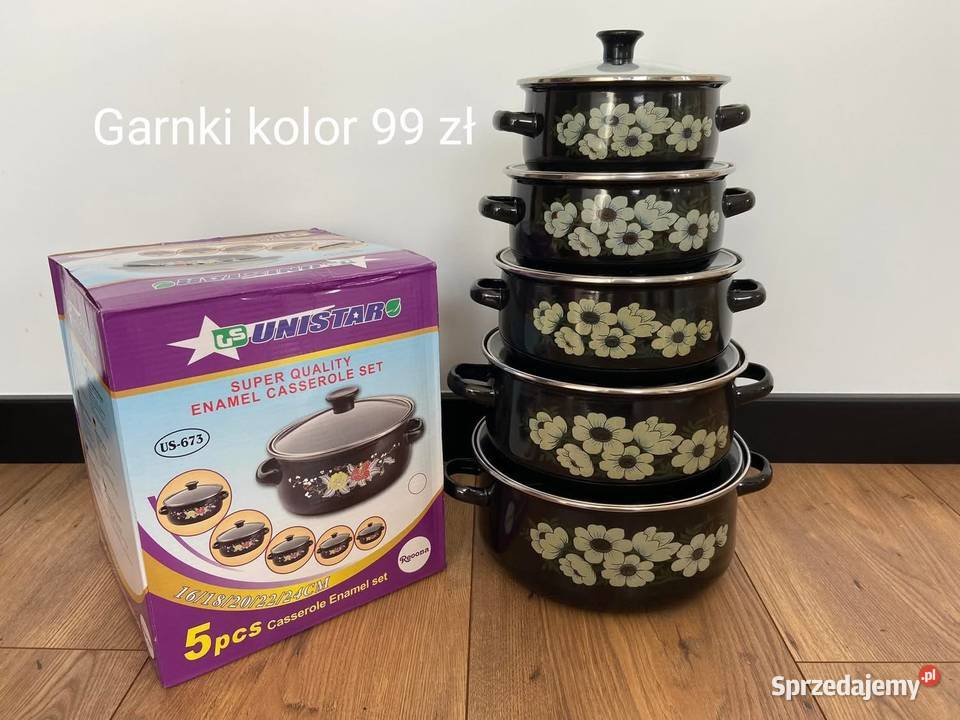 Garnki emaliowane 5 sztuk z pokrywkami rozne Darłowo