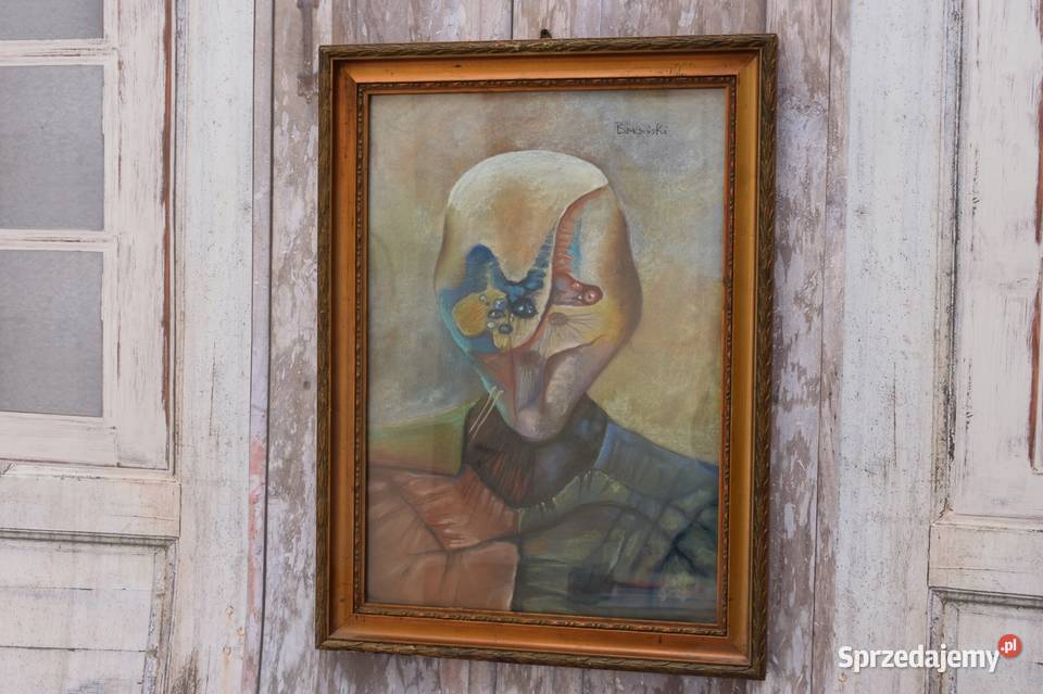 Beksiński Pastel na Kartonie Szkłem Stary Obraz
