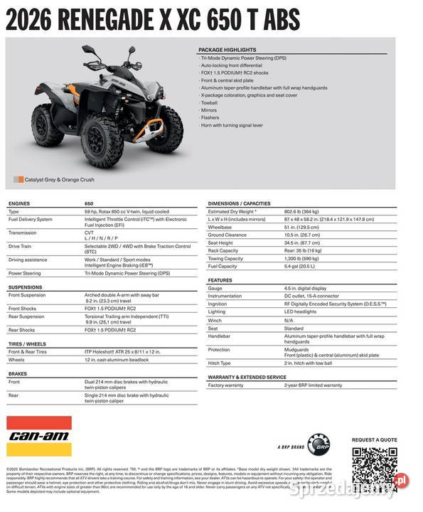 Quad CanAm Renegade X XC 650 T ABS T3b 5RTA 2026 małopolskie Nowy Sącz