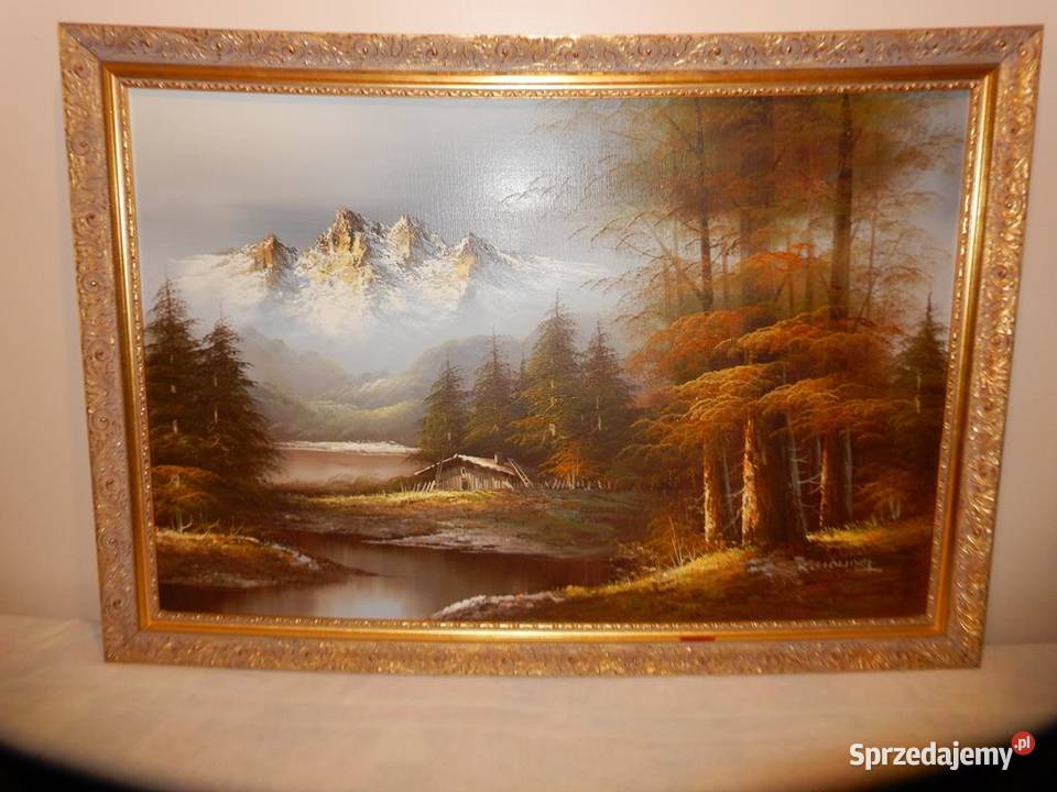 Duży Obraz Olejny 101x71 Pejzaż Górski w Złotej