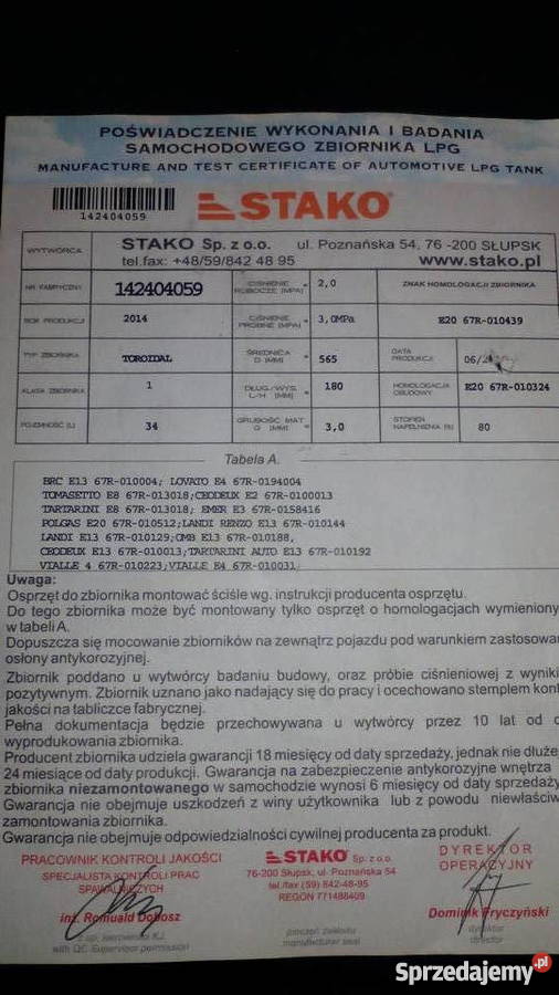 Zbiornik butla LPG 34 litry dokumenty Rok produkcji 149 Pilzno