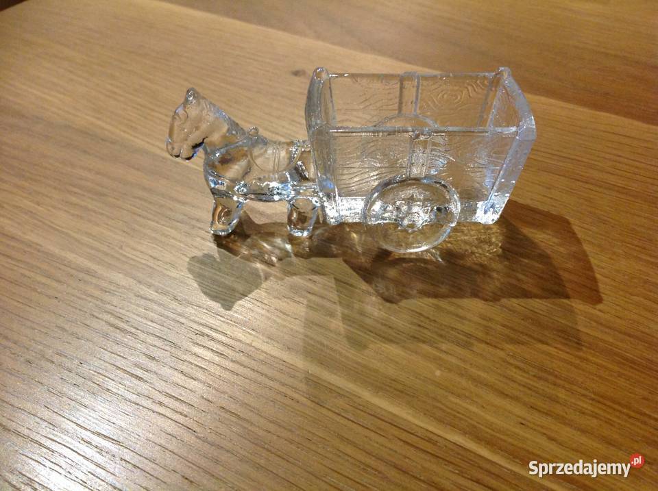Szklana Figurka Konik z Wozem Vintage przezroczysty Nowa Sól