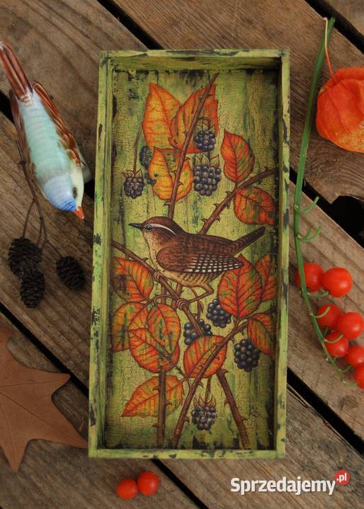 Drewniana tacka malowana ptak strzyżyk jeżyny wielokolorowy Lublin