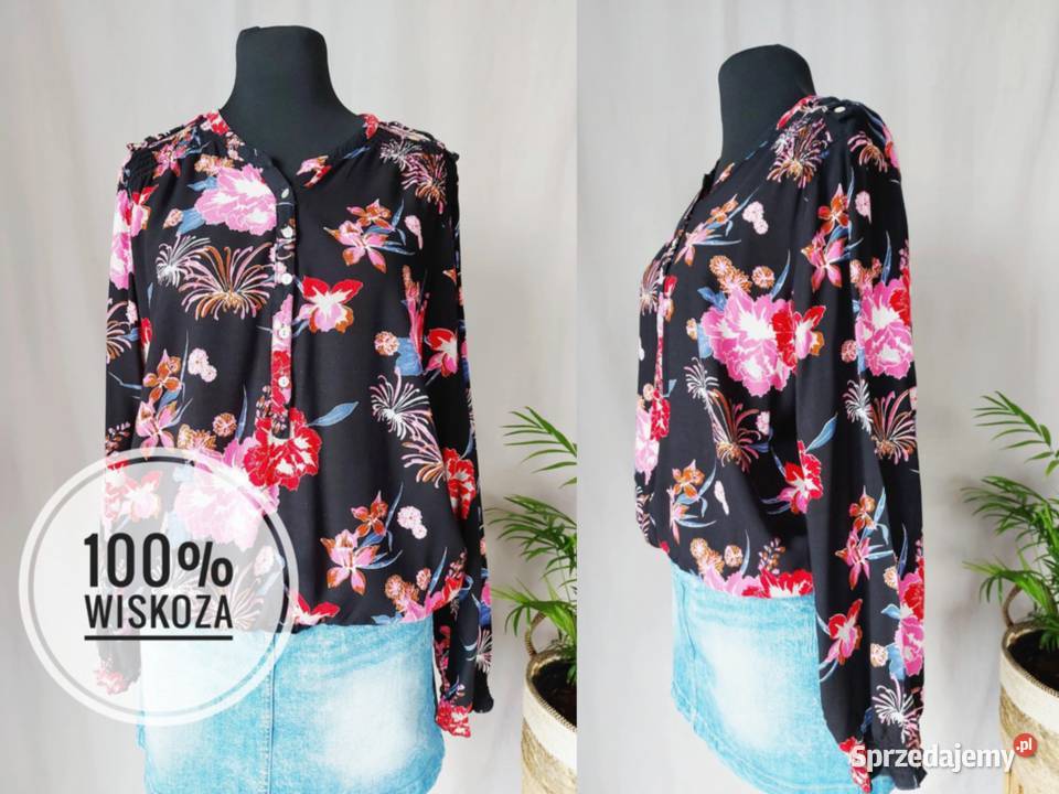 Czarna bluzka koszulowa długi rękaw w kwiaty Złoczew sprzedam