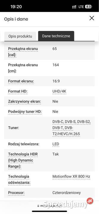 Telewizor SONY KD65XF8505 65 LED 4K 100Hz LED Warszawa sprzedam