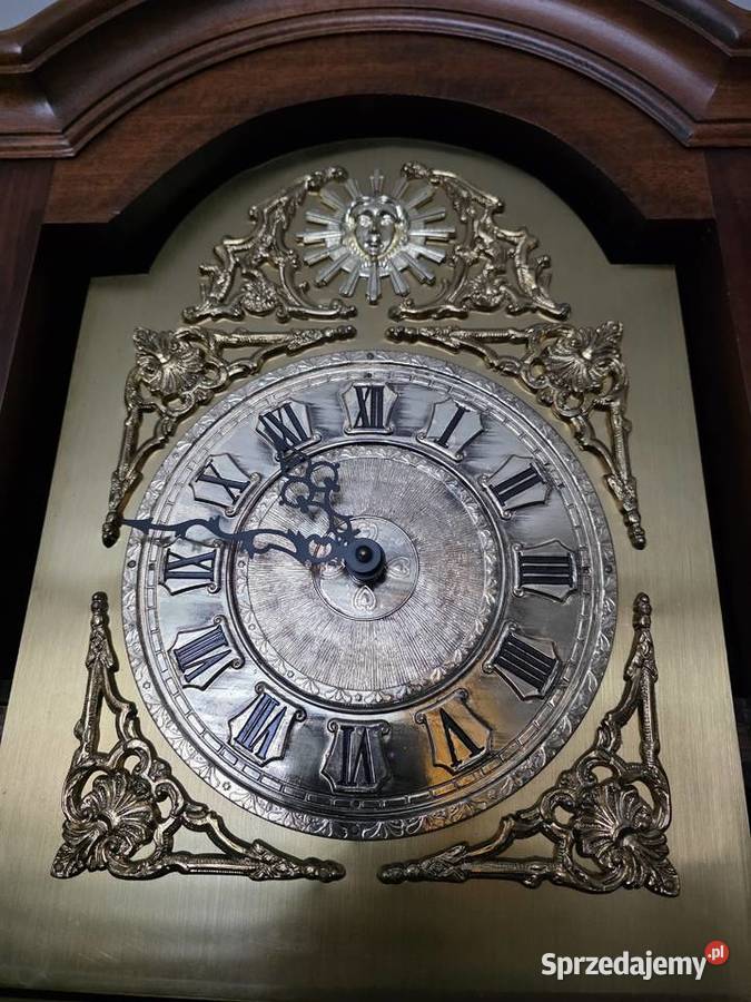Stojący zegar kwadransowy mahoń mosiądz drewno dolnośląskie Wałbrzych